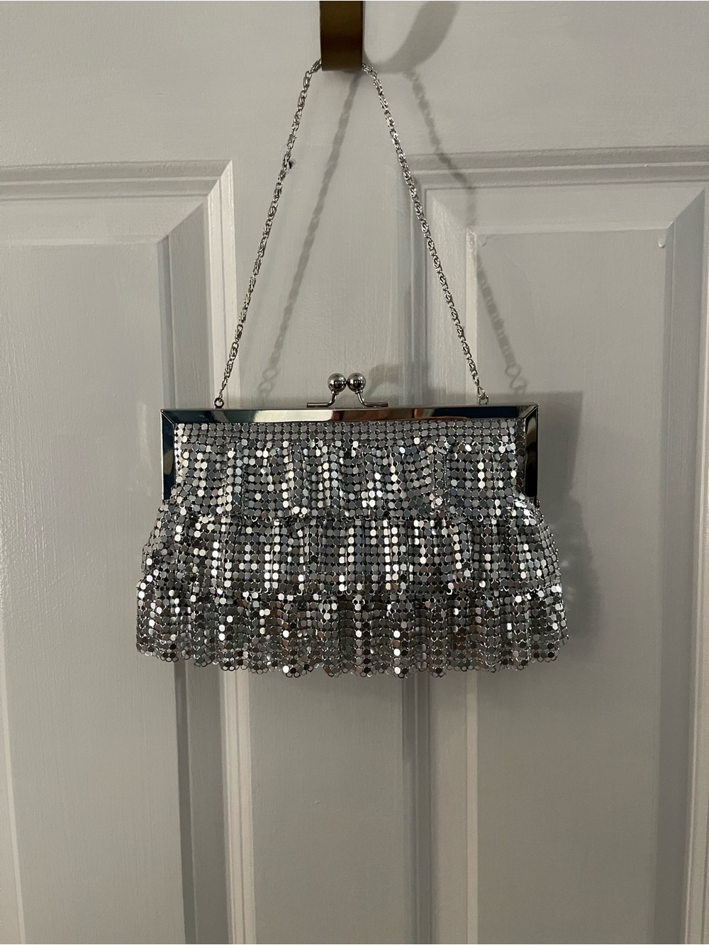 Icing Silver Sequin Frame Clutch with Chain Strap